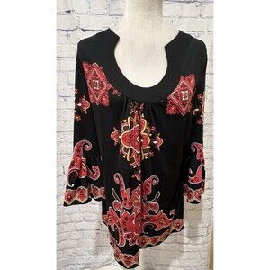 INC International Concepts Shift Dress Black Red Yellow 3/4 Belle Sleeves Large